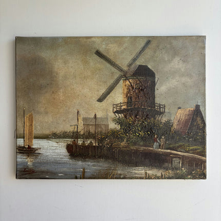 Refined Landscape Oil Painting "Old Windmill" Vintage Small Art Holland Art Shop