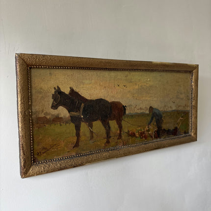 19th Century Antique Figurative Oil Painting "Pair Of Horses" Dutch Art Holland Art Shop