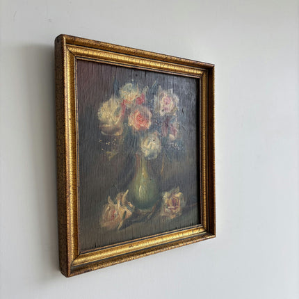 19th Century Antique Floral Still Life Oil Painting "Vase Flowers" Small Art Holland Art Shop