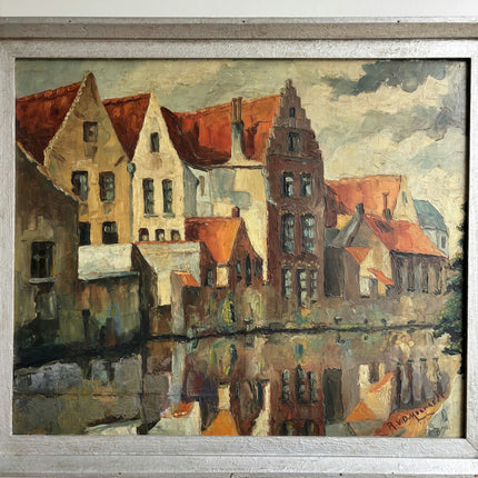 Vintage Cityscape Oil Painting "Red Roofs" Original Belgique Art Holland Art Shop