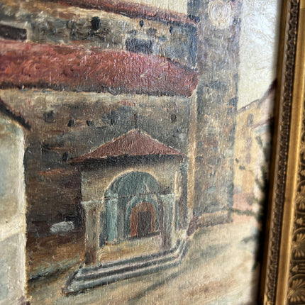 1896 Antique Cityscape Oil Painting "Bell Tower" Small Artwork Holland Art Shop