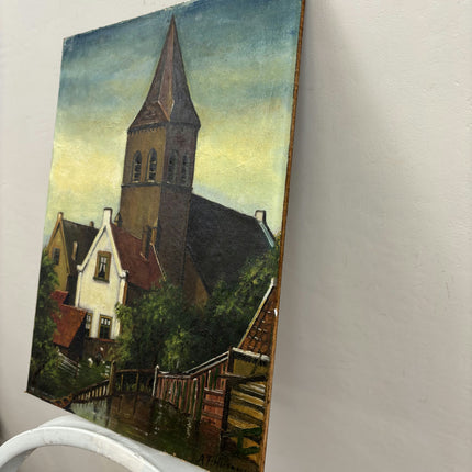 Original Cityscape Oil Painting "Church Tower" Detailed Small Artwork Holland Art Shop