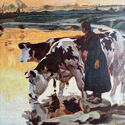 Rustic Landscape Oil Painting "Grazing Cows" Handcrafted Art Holland Art Shop