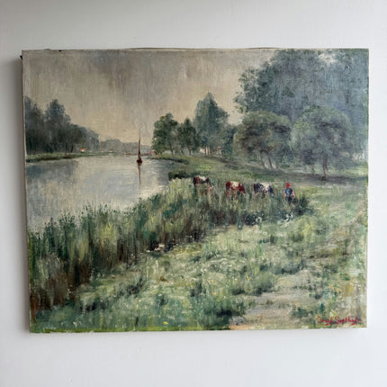 Original Landscape Oil Painting "Grazing Cows" Handcrafted Art Holland Art Shop