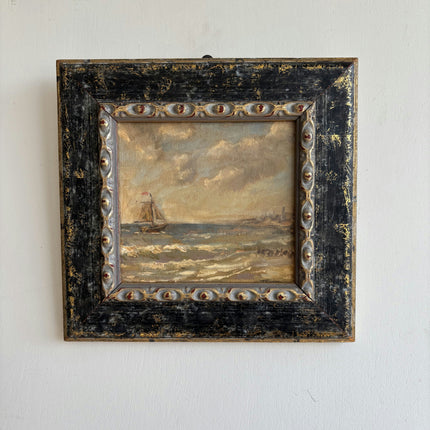 Vintage Seascape Oil Painting "Painted Frame" Rustic Small Artwork Holland Art Shop