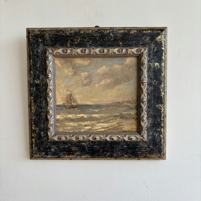 Vintage Seascape Oil Painting "Painted Frame" Rustic Small Artwork Holland Art Shop