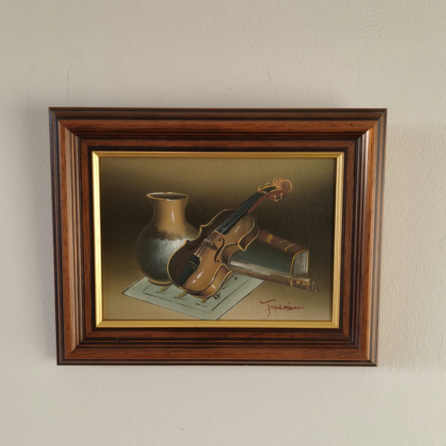 Vintage Still Life "Violin And Vase" Striking Small Artwork