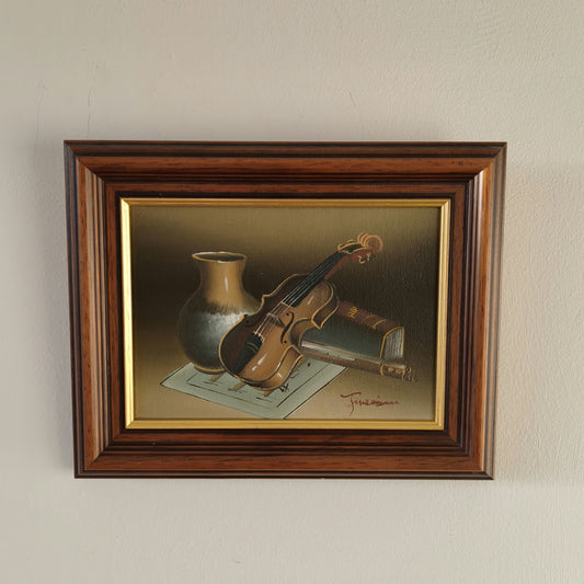 Vintage Still Life "Violin And Vase" Striking Small Artwork
