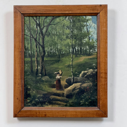 19th Century Antique Landscape Oil Painting "Woman Carryingpail" Small Art Holland Art Shop