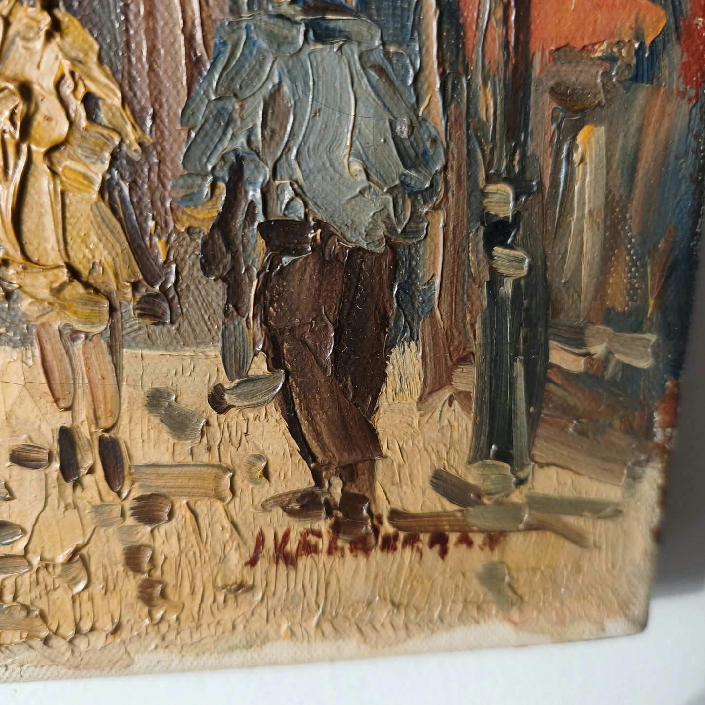 Classic Cityscape Oil Painting "City Stroll" Handcrafted Small Art