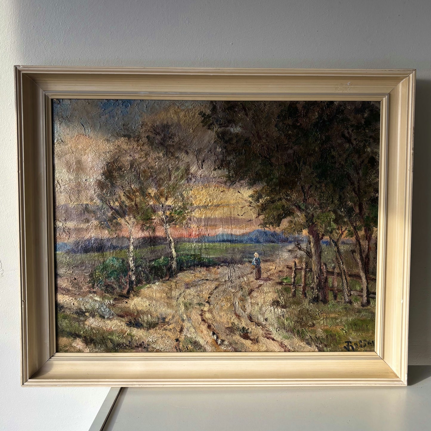 Striking Landscape Oil Painting "Woman With Basket" Classic Medium Art