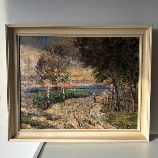 Striking Landscape Oil Painting "Woman With Basket" Classic Medium Art