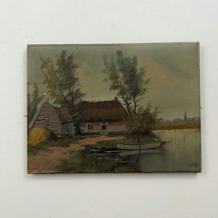 Authentic Landscape Oil Painting "Thatched Cottage" Vintage Small Art Holland Art Shop