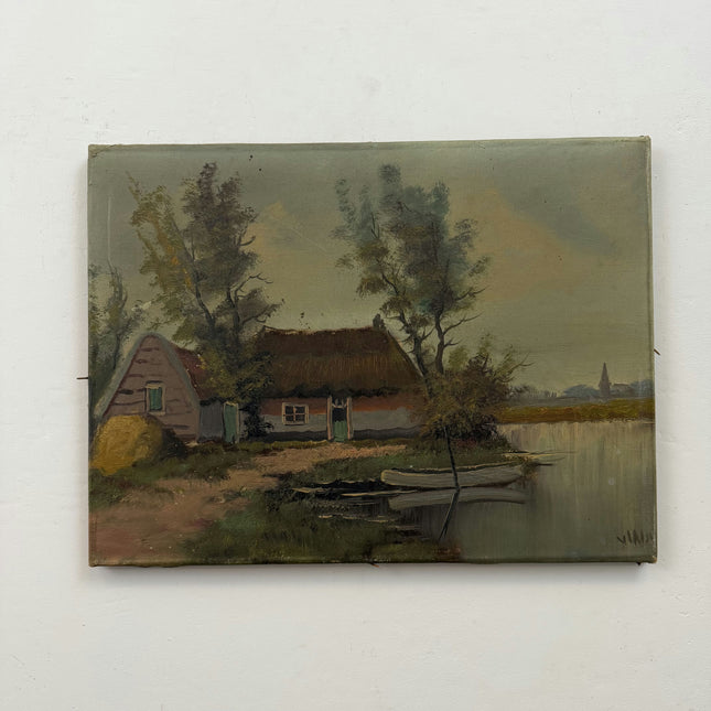 Authentic Landscape Oil Painting "Thatched Cottage" Vintage Small Art Holland Art Shop