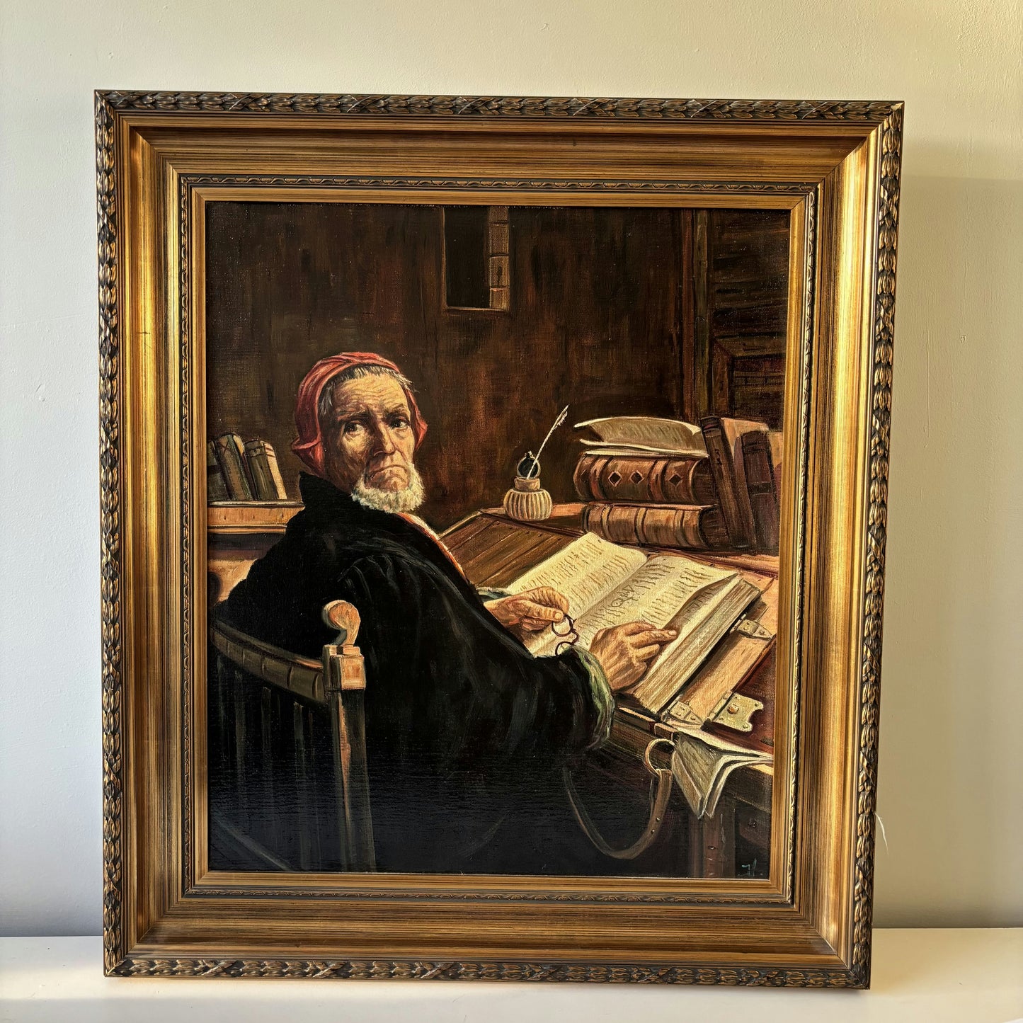 Thoughtful Elderly Scholar Oil Painting Library Books Antique sold without frame