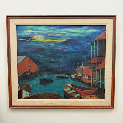 Vintage Harbor Scene Oil Painting "Red Boats" Authentic Large Art Holland Art Shop