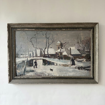 Authentic Winter Landscape Oil Painting "Snow Village" Vintage Artwork Holland Art Shop