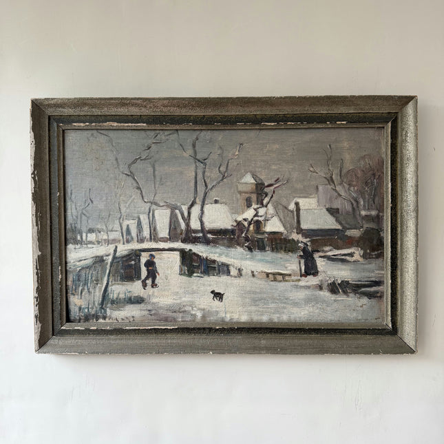 Authentic Winter Landscape Oil Painting "Snow Village" Vintage Artwork Holland Art Shop