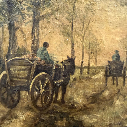 19th Century Antique Landscape Oil Painting "Horse Carriage" Small Artwork Holland Art Shop