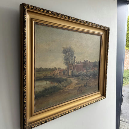 Detailed Farm Oil Painting "Village Roofs" Timeless Large Art Holland Art Shop