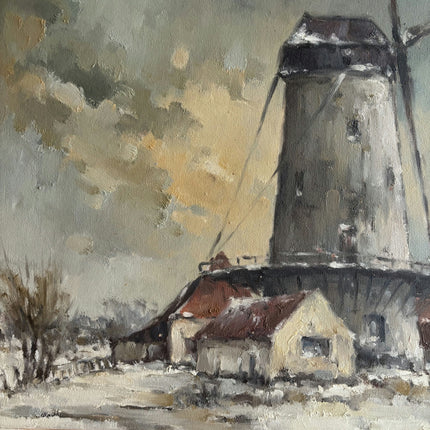 Expressive Winter Landscape Oil Painting "Windmill Tower" Refined Artwork Holland Art Shop