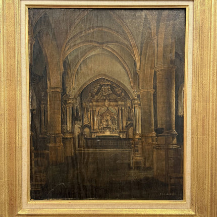 1938 Church Interior Oil Painting "Gilded Frame" Belgian Art Holland Art Shop