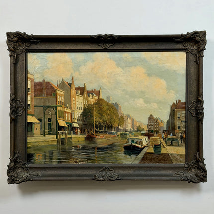 Handcrafted Harbor Scene Oil Painting "Canal Boat" Original Large Art Holland Art Shop