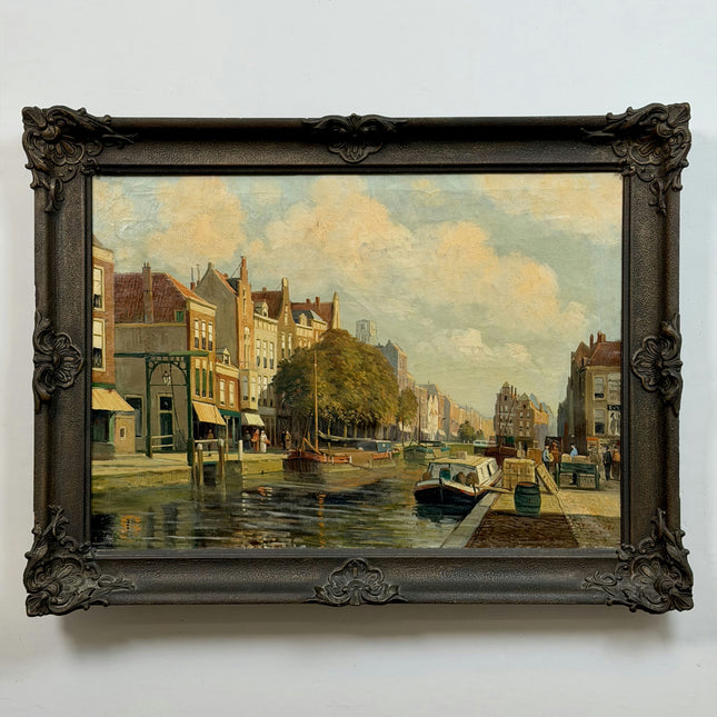 Handcrafted Harbor Scene Oil Painting "Canal Boat" Original Large Art Holland Art Shop