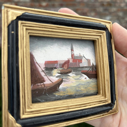 Vintage Harbor Scene Oil Painting "Gilded Frame" Expressive Small Artwork Holland Art Shop