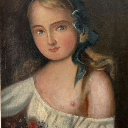 1885 Antique Portrait Oil Painting "Blue Ribbon Girl" Artwork Holland Art Shop