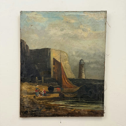 Antique Landscape Oil Painting "Harbour Lighthouse" Original Artwork Holland Art Shop