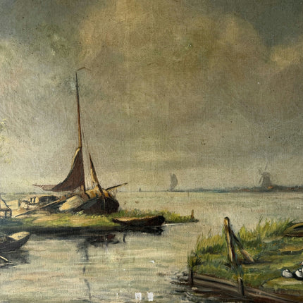 19th Century Antique Seascape Oil Painting "Sailboat Mast" Large Artwork Holland Art Shop