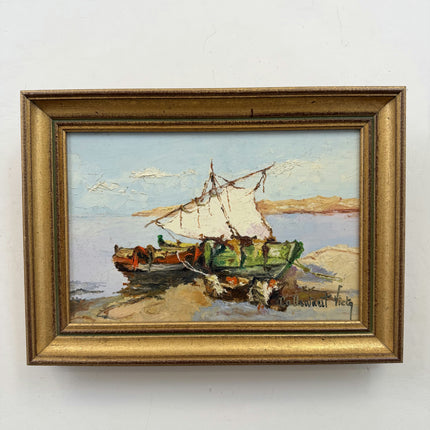 Rustic Seascape Oil Painting "Small Boat" Handcrafted Small Art Holland Art Shop