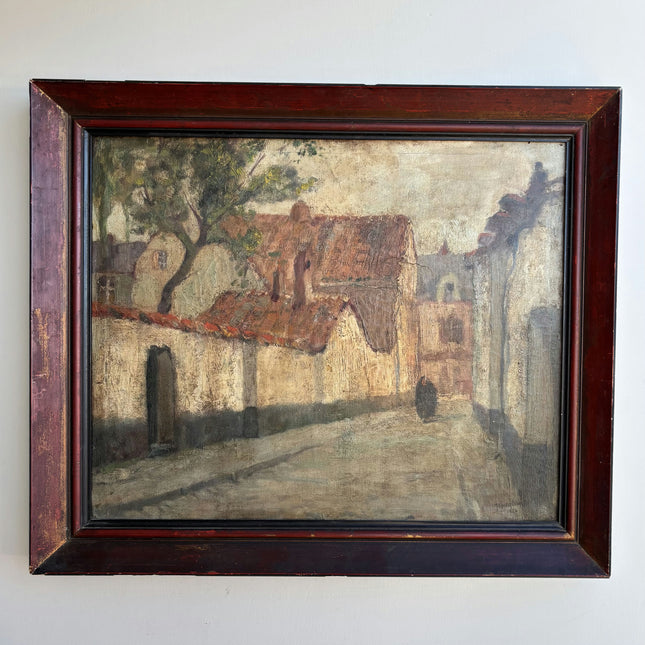 1886 Antique Cityscape Oil Painting "Village Street" Artwork Holland Art Shop