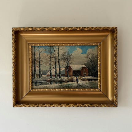 Authentic Interior Oil Painting "Snowy Barn" Original Small Artwork Holland Art Shop