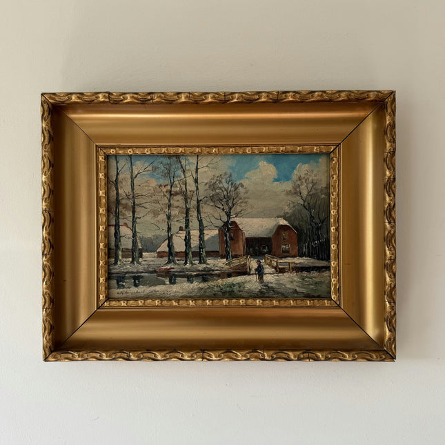 Authentic Interior Oil Painting "Snowy Barn" Original Small Artwork Holland Art Shop