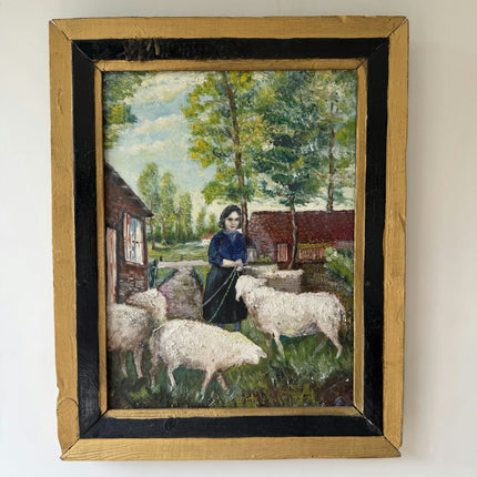 Vintage Farm Oil Painting "Woman Shepherdess" Detailed Artwork Holland Art Shop