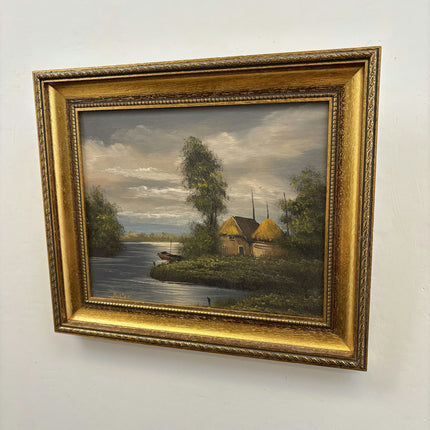 Detailed Landscape Oil Painting "Thatched Cottages" Classic Small Artwork Holland Art Shop