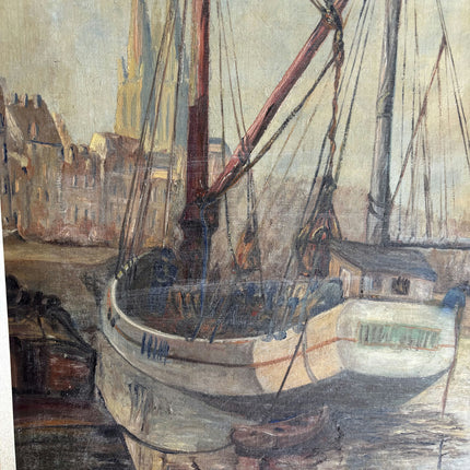 Detailed Harbor Scene Oil Painting "Docked Boats" Vintage Artwork Holland Art Shop