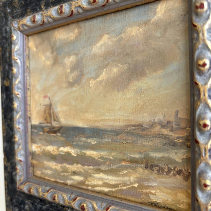 Vintage Seascape Oil Painting "Painted Frame" Rustic Small Artwork Holland Art Shop