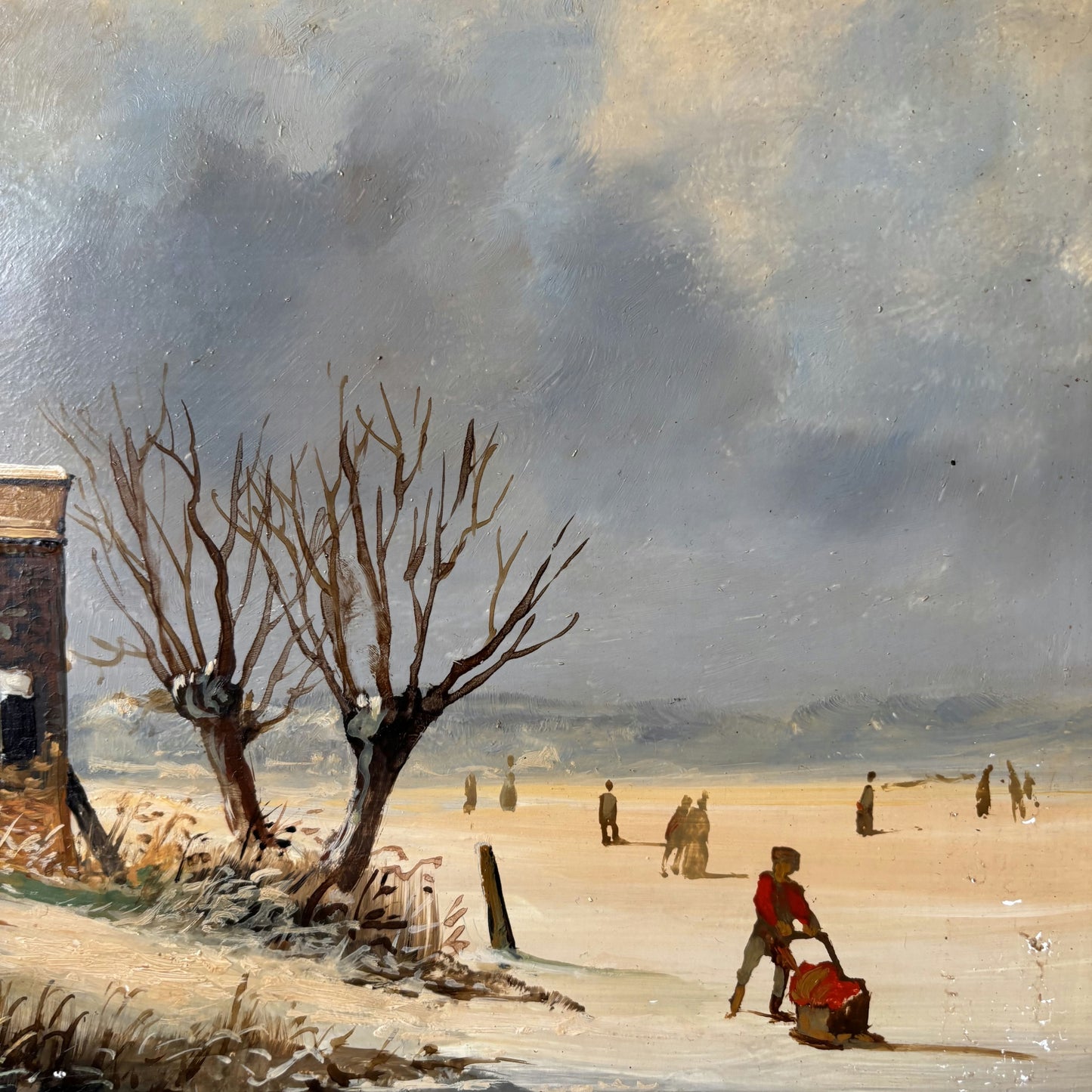 19th Century Antique Brick Building Snow Trees Skaters Oil Painting Authentic