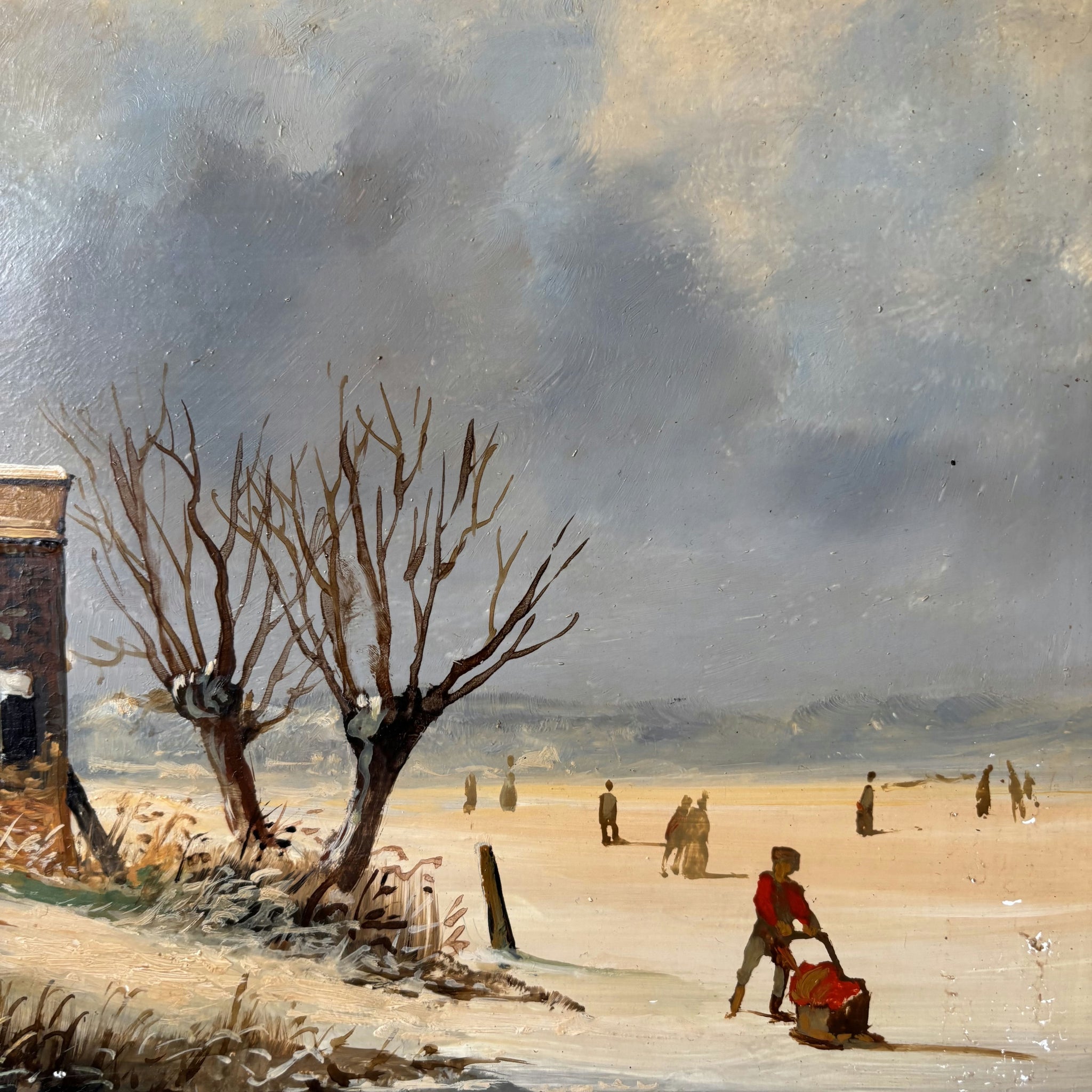 19th Century Antique Brick Building Snow Trees Skaters Oil Painting Authentic