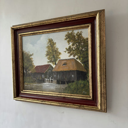 Detailed Harbor Scene Oil Painting "Watermill Building" Authentic E Artwork Holland Art Shop