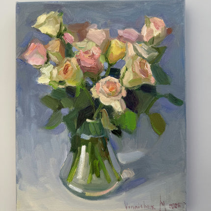 Original Floral Still Life Oil Painting "Glass Vase" Rustic Small Art Holland Art Shop