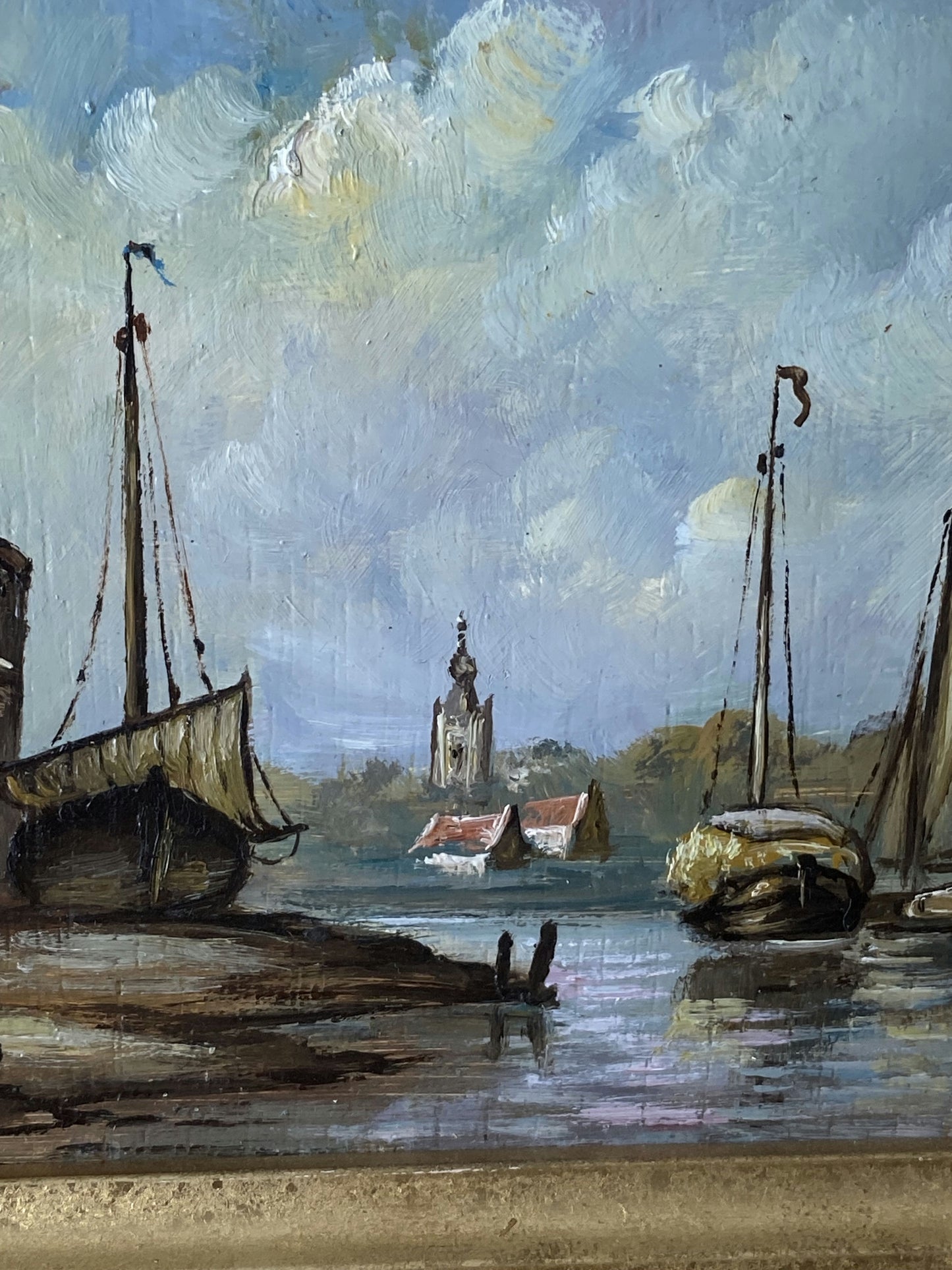 20th Century Vintage Dutch Village Riverside Boats Church Sky Oil Painting