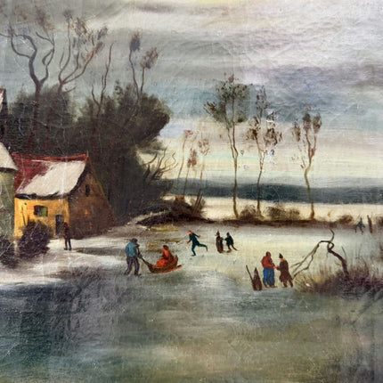 19th Century Antique Winter Landscape Oil Painting "Snowy Village" Large Artwork Holland Art Shop