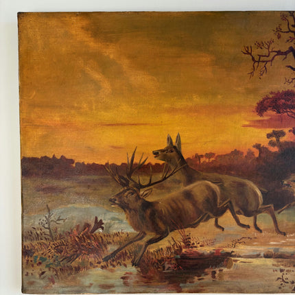 1921 Antique Animals Oil Painting "Running Stags" Art Holland Art Shop