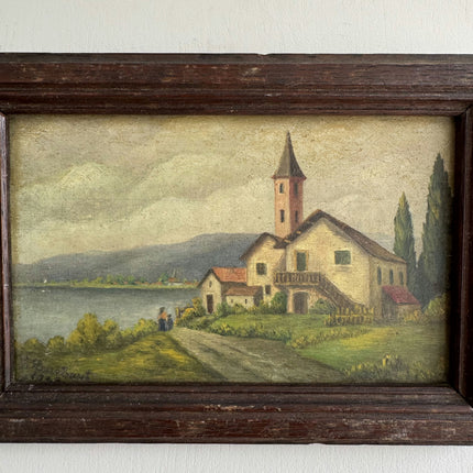 19th Century Antique Landscape Oil Painting "Lakehouse Tower" Small Artwork Holland Art Shop