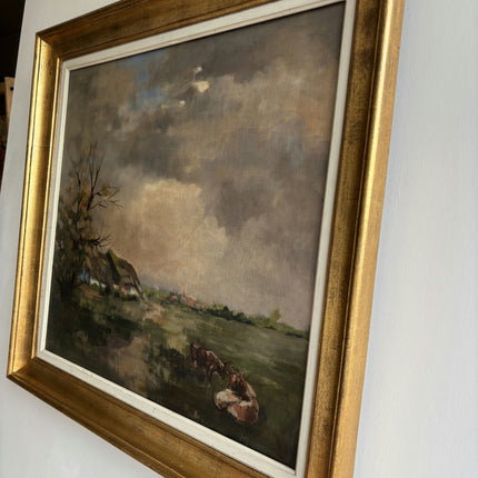 Authentic Landscape Oil Painting "Grazing Cows" Vintage Art Holland Art Shop