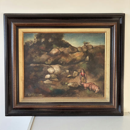 Remarkable Oil Painting Landscape "Girl With Pig" Striking Large Art Holland Art Shop